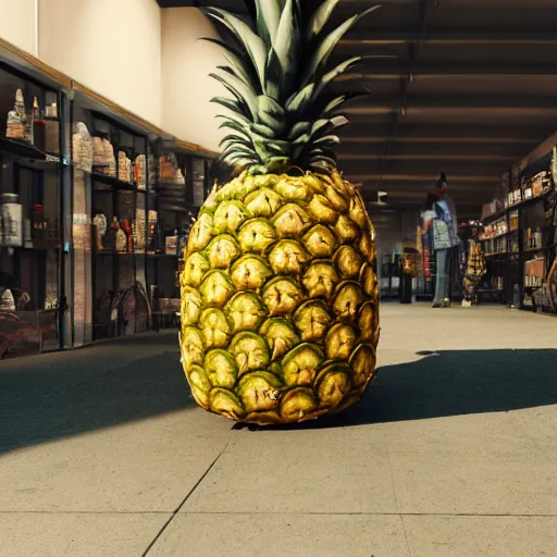 Image similar to huge monstrous pineapple destroys the store, 8 k, 4 k, trending on artstation, artstationhd, artstationhq, octane render