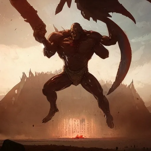 Image similar to mutant man, fantasy boss fight, dramatic illustration, muscular character, huge horns, art by greg rutkowski, digital art, artstation