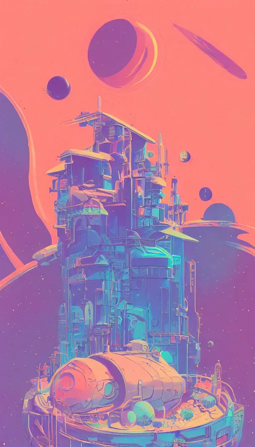 Prompt: witch planet house space, sharp focus, james gilleard, moebius, print, risograph, cinematic, game art