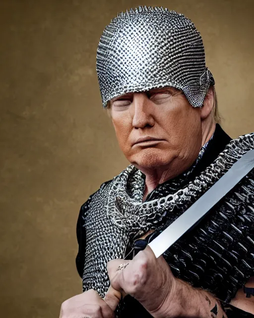 Image similar to a photo of donald trump wearing chainmail. he's holding a longsword. medium shot portrait. dslr photography