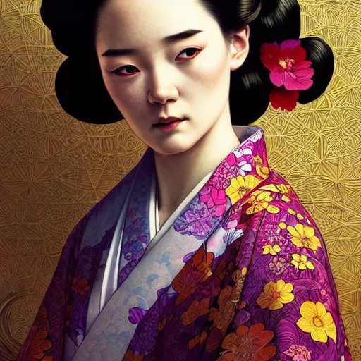 Image similar to hyperdetailed portrait of a woman in a kimono, digital painting, artstation hq, sharp foccus ilustration, artstation hq. intricate, elegant. wlop, artgerm, greg rutkowski, alphonse mucha, medium shot. dan mumford, tomokazu matsuyama, takato 4 yamamoto