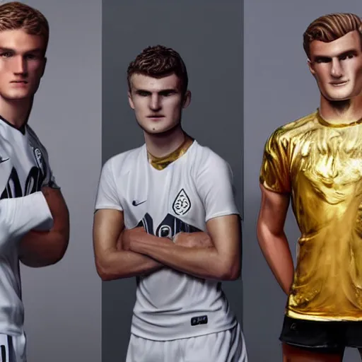 Image similar to a realistic detailed photo of a guy who is an attractive humanoid who is half robot and half humanoid, who is a male android, soccer players martin ødegaard & timo werner, shiny skin, posing like a statue, blank stare, in a living room, on display, showing off his muscles, gold soccer shorts, no jersey, statue, many copies of them