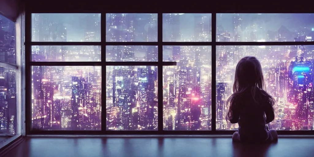 Image similar to overlooking on night city cyberpunk from floor to ceiling window, little girl, beautiful hair at the back, looking out the window, liminal, cinematic, dreamscape