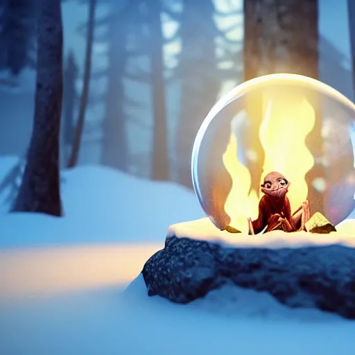 Prompt: gollum making a campfire, while stuck in a snow globe, dreams, extreme detail, octane render, trending on artstation, 4 k, medium shot, fantasy, symmetrical, bokeh, backlighting, volumetric lighting, subsurface scattering.