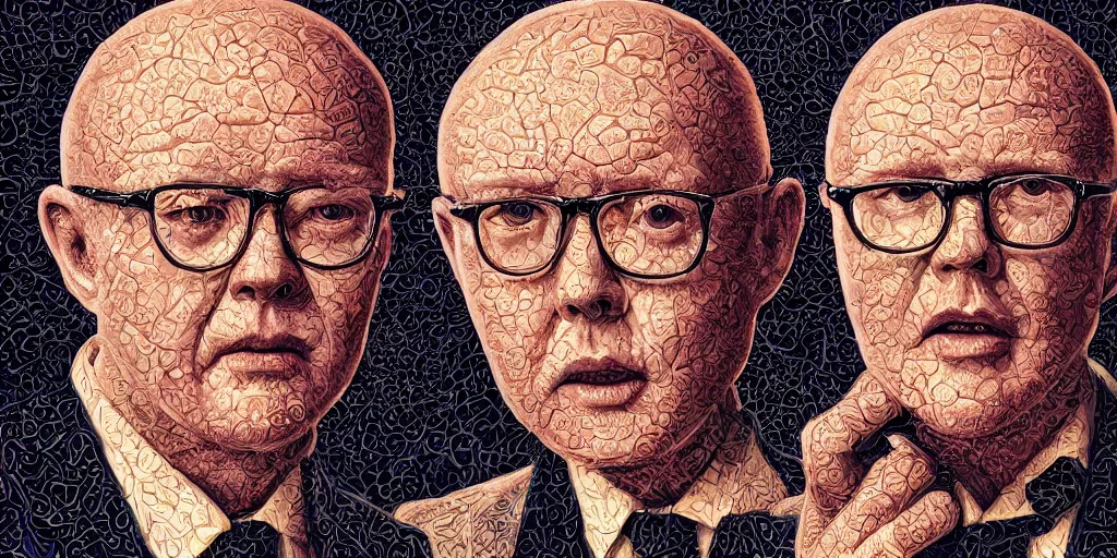 Image similar to beatifull frontal face portrait of gilbert and george, 1 5 0 mm, chromatic aberration, mandelbrot fractal, symmetric, intricate, elegant, highly detailed, ornate, ornament, sculpture, elegant, luxury, beautifully lit, ray trace, octane render in the style of peter gric and butcher billy