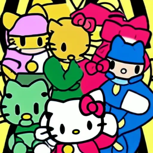 Prompt: hello kitty characters as power rangers, god rays