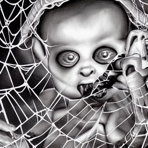 Image similar to Horror spider eating a human baby in its web realistic painting ultra detailed horror UHD 4k