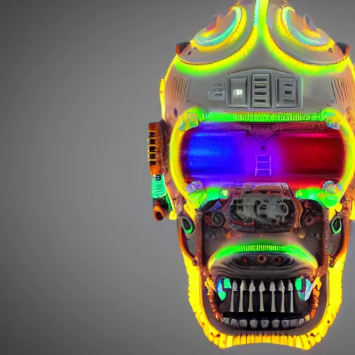 Image similar to a glossy claymodel of a dieselpunk aztec futuristic robot head with eeg probes, 8 k, front shot, symetrical, flourescent colors, halluzinogenic, multicolored, insanely detailed, 3 d render, octane