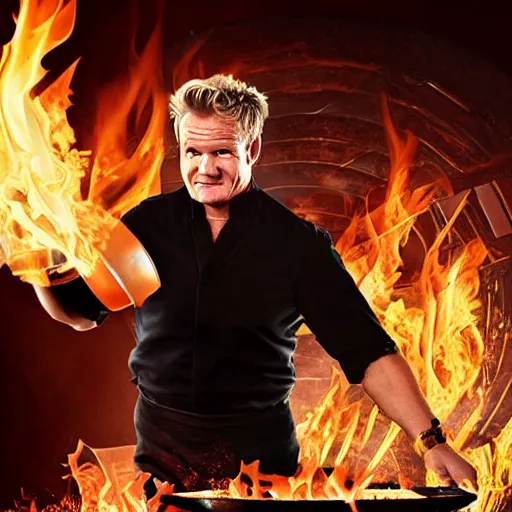 Prompt: gordon ramsey smashing a plate in fury with flames surrounding him , 4k