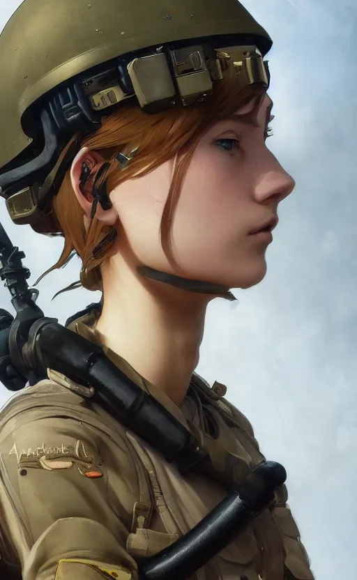 Image similar to side portrait of tanker girl, soldier clothing, combat helmet, anime style, short hair, hair down, symmetrical facial features, from arknights, hyper realistic, 4 k, rule of thirds, extreme detail, detailed drawing, trending artstation, hd, d & d, realistic lighting, by alphonse mucha, greg rutkowski, sharp focus, backlit