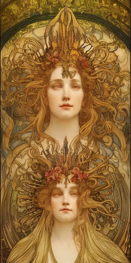 Image similar to portrait burning saint woman, venus, athena, halo, queen, by alphons mucha and annie swynnerton and jean delville, strong dramatic cinematic lighting, ornate headdress, flowing robes, spines, flowers, stars, lost civilizations, smooth, sharp focus, extremely detailed, marble, gold, space