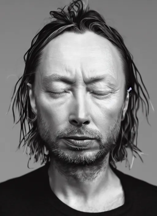 Prompt: A hyper realistic ultra realistic photograph of Thom Yorke with no eyes detailed photorealistic imagery 8k