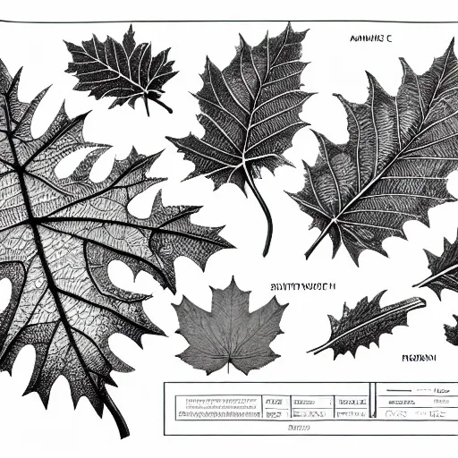 Prompt: a full page schematic diagram illustration of a hybrid between oak leaf and wine leaf, ultra detailed, 4 k, intricate, encyclopedia illustration, fine inking lines