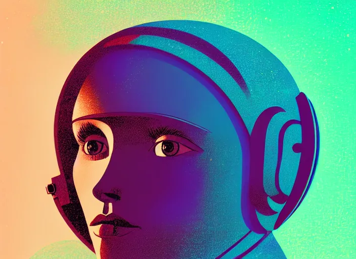 Image similar to portrait of a young astronaut girl, colorful, modern art deco, mads berg, karolis strautniekas, stippled light, fine texture, editorial illustration, dramatic lighting, dynamic composition, detailed, matte print, dynamic perspective, muted color