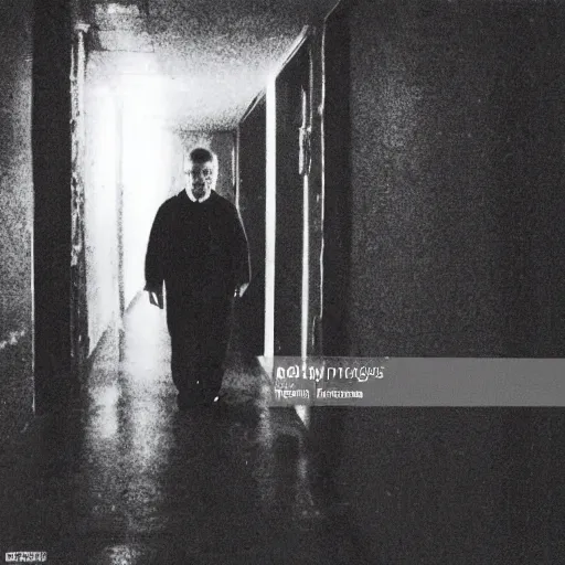 Image similar to a expired flash photo of creepy man with an unnatural posture standing in a vantablack russian basement from the horror movie rec, out of focus, uncanny valley, shaky camera, it is deformed and is staring at the camera from the end of a dark liminal hallway. caught on vhs, film grain, national geographic award winning photography,