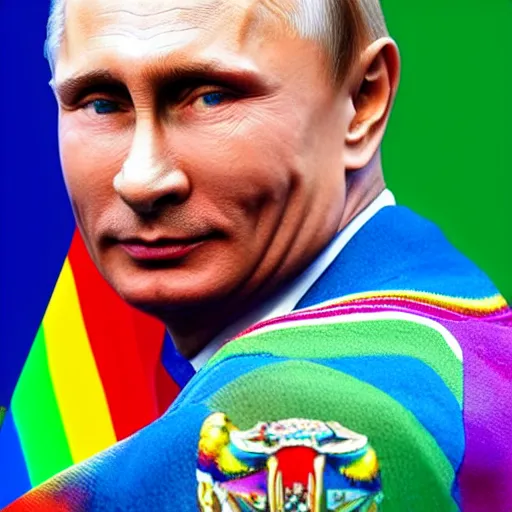 Prompt: Vladimir Putin wearing rainbow suit, Gay pride, rainbow flags, Professional Photography, Photorealistic
