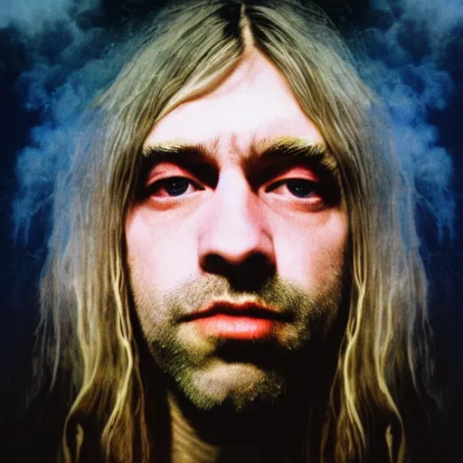 Image similar to colour masterpiece surreal closeup portrait photography of kurt cobain by miho hirano and annie leibovitz and michael cheval, smoke background, 8 k
