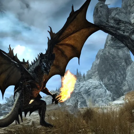 Image similar to joe biden tame a dragon in skyrim world. 8 k, hd, detailed.