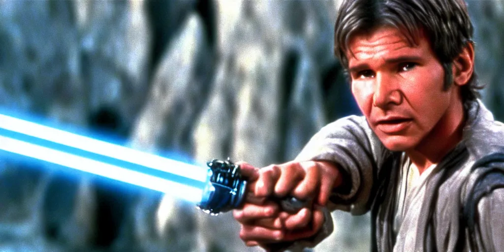 Image similar to A full color still from a film of a young Harrison Ford as a Jedi padawan holding a lightsaber hilt, from The Phantom Menace, directed by Steven Spielberg, 35mm 1990