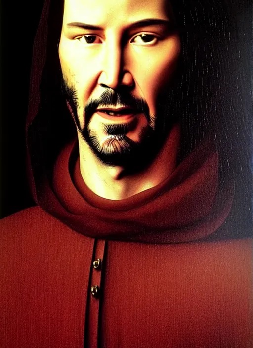 Image similar to portrait of keanu reeves, oil painting by jan van eyck, northern renaissance art, oil on canvas, wet - on - wet technique, realistic, expressive emotions, intricate textures, illusionistic detail