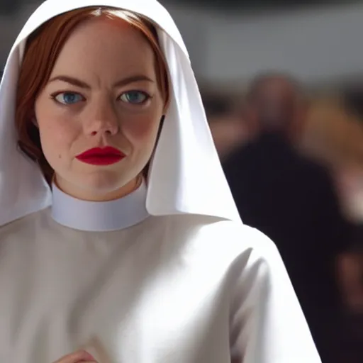 Prompt: A full body shot of Emma Stone dressed as a nun , catholic , high quality, fully detailed, 4k, in focus, detailed eyes