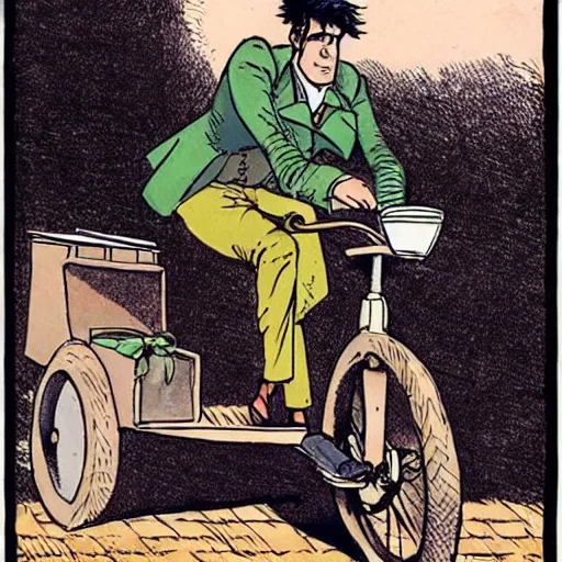 Image similar to corto maltese riding on a tricycle