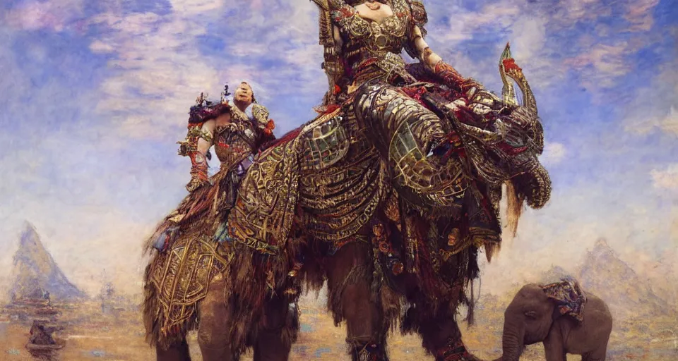 Prompt: portrait of the ethnic asian female wearing tribal armor, sitting on top of a war elephante poses by gaston bussiere, anna nikonova aka newmilky, greg rutkowski, yoji shinkawa, yoshitaka amano, tsutomu niehi, impressionism, monet,