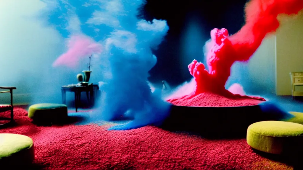 Image similar to colored powder explosion in the living room, film still from the movie directed by Denis Villeneuve with art direction by Salvador Dalí, wide lens