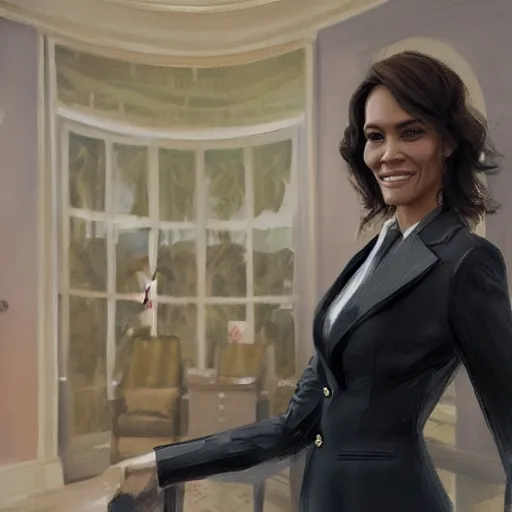 Prompt: portrait of maci holloway in the oval office, first woman elected as president in usa, cold but beautiful, about 3 5 years old, highly detailed, mix of halle berry and julia roberts, gong li, olga kurylenko, artstation hd, deviantart, by artgem, greg rutkowski