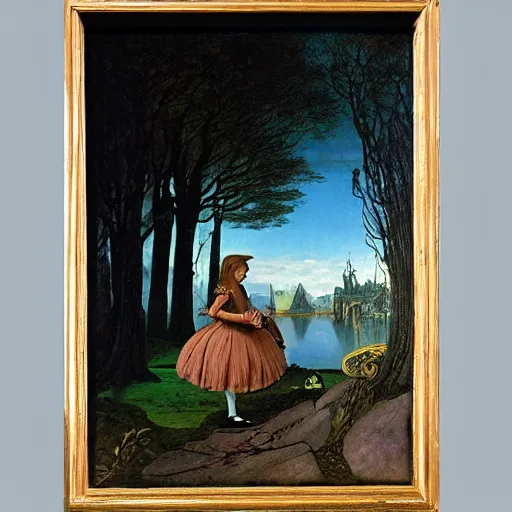 Image similar to Alice in Wonderland, painted by Caspar David Friedrich, oil painting