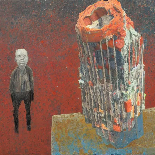 Image similar to a detailed, impasto painting by shaun tan and louise bourgeois of an abstract forgotten sculpture by ivan seal and the caretaker, scattered