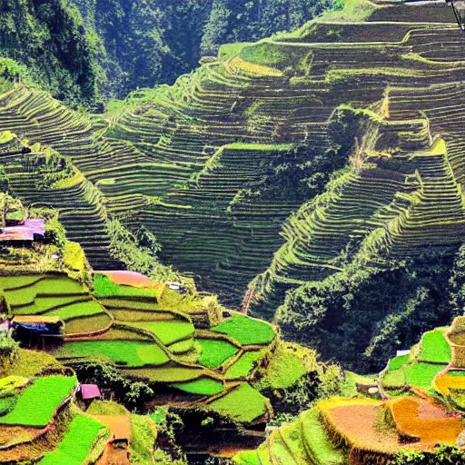 Prompt: a painting of banaue rice terraces, 8 k, high definition, highly detailed, photo - realistic