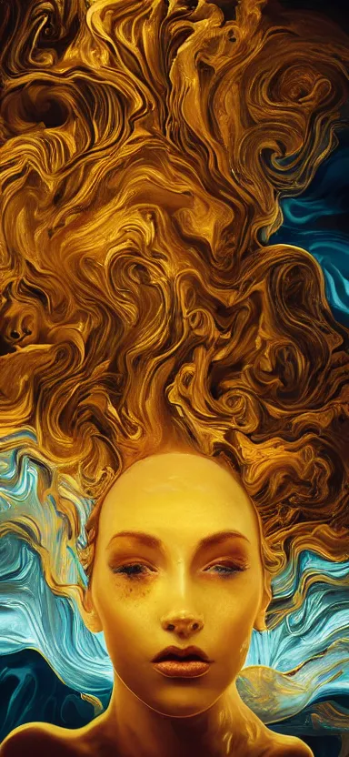 Image similar to epicillustration, abstract sculpture of beautiful female face and black swirling liquifying acrylic portrait, fluffy clouds, glowing edges, golden hour, beautiful light, 3 d sculpture of carving marble, dark colors, dark mood, one point light, golden spirals, clockwork, epic matte painting, concept art, digital painting