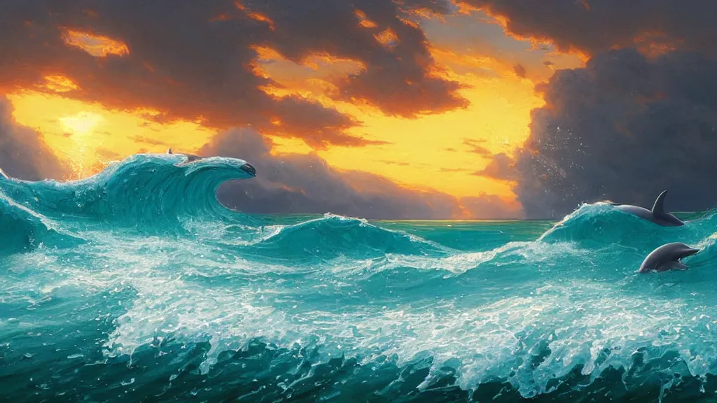 Prompt: first person view of breaking waves on the shore, summer, clear beautiful sky, bright sky, dolphins 🐬 swimming, peaceful, amazing, by andreas rocha and john howe, and Martin Johnson Heade, featured on artstation, featured on behance, golden ratio, ultrawide angle, f32, well composed