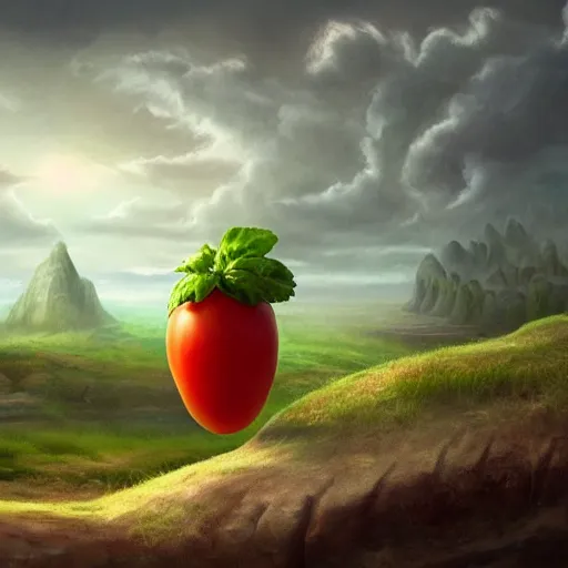 Image similar to a beautiful matte painting of a very sad tomato in a fantasy landscape, by steve argyle and mark arian