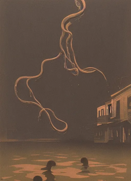 Image similar to tentacles reaching from underwater in transparent plastic bags, paper bags in hands and over the head, on flooded street Edward Hopper and James Gilleard, Zdzislaw Beksinski, highly detailed