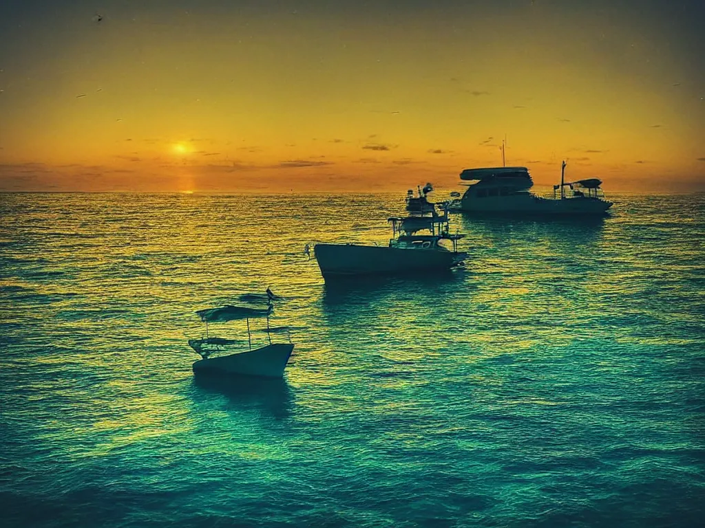 Prompt: “peaceful night full of stars at dawn on the sea clear waters lonely yatch far away blue green yellow tones artwork 4K HDR cinematic wide angle deep focus”