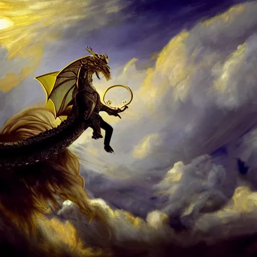 Prompt: white Luck dragon sitting on the cumulous and cirrostratus clouds, playing an ornate harp, never ending story, hyper realistic fur, illustration, concept art, artstation, yellow lighting from right, sunset, reflections, heartwarming, peaceful, 4k, art of ILM, style of trending artstation, by Eugène Delacroix, John Constable, J M W Turner, Romanticism