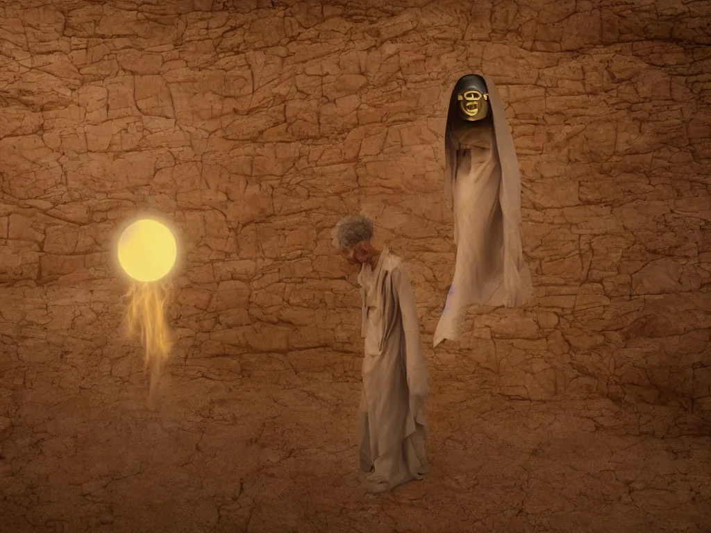 Prompt: levitating glowing bene gesserit with full - face golden mask and glowing eyes in a dry rocky desert landscape, sunny atmosphere, fata morgana giant mirrors, portal, spaceship in the sky by christopher doyle and alejandro jodorowsky, anamorphic lens, kodakchrome, cinematic composition, practical effects, very detailed photo, complex structures, 8 k,