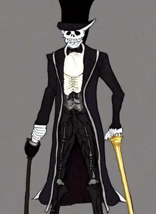 Image similar to DND character art, skeletal male figure, wearing a deep black suit!!! and tie and top hat, holding a gold! cane!. blue!!! flames!!