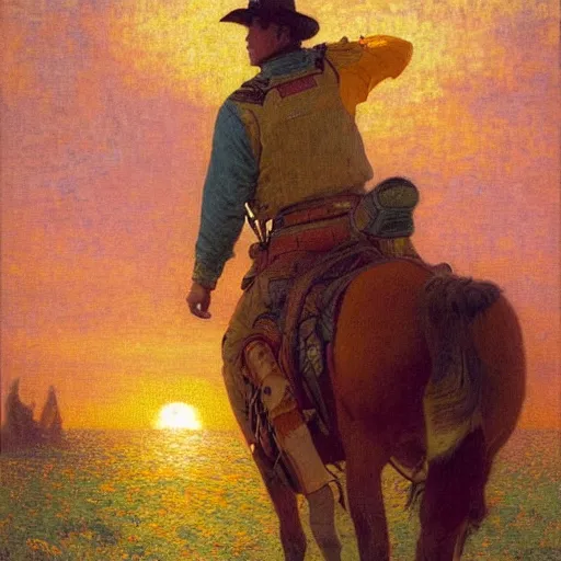 Prompt: horse rider cowboy in yellow jacket against sunset and parked spaceship, oil painting, gaston bussiere, mucha, gerome,