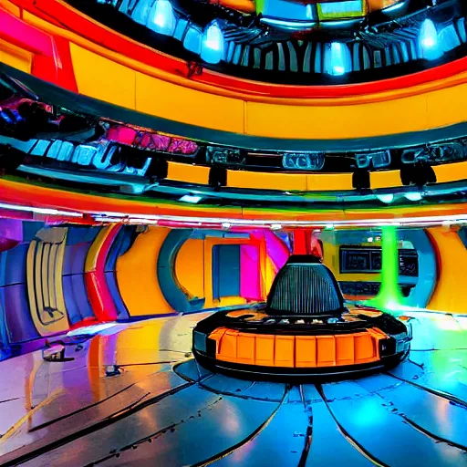 Image similar to interior of alien laboratory with strange device at the center of a room, bright colors, photo