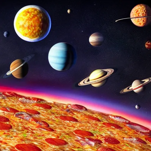 Image similar to the entire beautiful solar system with pizza instead of planets, artstation, hyperrealistic, digital art, octane render, cinematic lightning, Nvidia omniverse, unreal engine 5, highly detailed, vivid colors