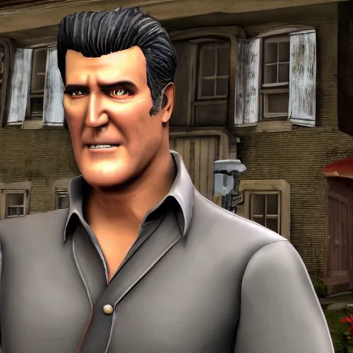 Prompt: a screenshot of bruce campbell in resident evil village. 3 d rendering. unreal engine. amazing likeness. very detailed. cartoon caricature