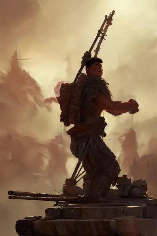 Image similar to side profile of a filipino man sitting on a tank wielding a scepter, highly detailed, d & d, fantasy digital painting, trending on artstation, concept art, sharp focus, illustration, volumetric light, intricate, art by artgerm and greg rutkowski