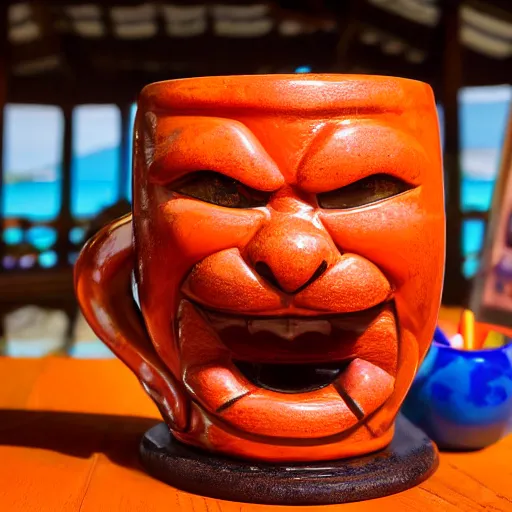 Image similar to a closeup photorealistic photograph of a glossy orange cat garfield style tiki mug sitting at a trader vic's beach bar featuring garfield's face. tiki theme. bright scene. fine detail. this 4 k hd image is trending on artstation, featured on behance, well - rendered, extra crisp, features intricate detail, epic composition and the style of unreal engine.