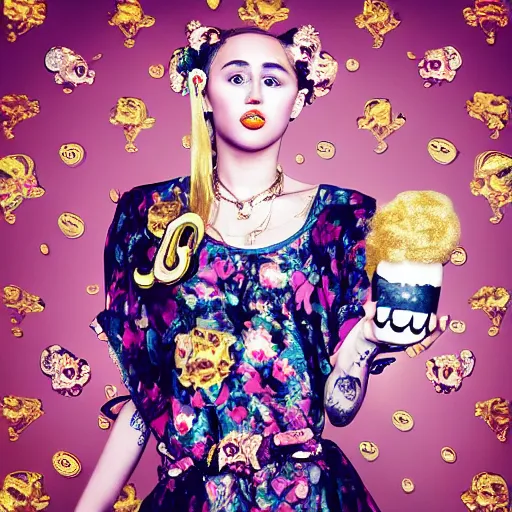 Image similar to “ 8 k, octane render, realism, tonalism, renaissance, rococo, baroque, portrait of miley cyrus wearing long - harajuku manga - dress with flowers and skulls, cotton candy!! ( background chaotic gold leaf flowers ) ”