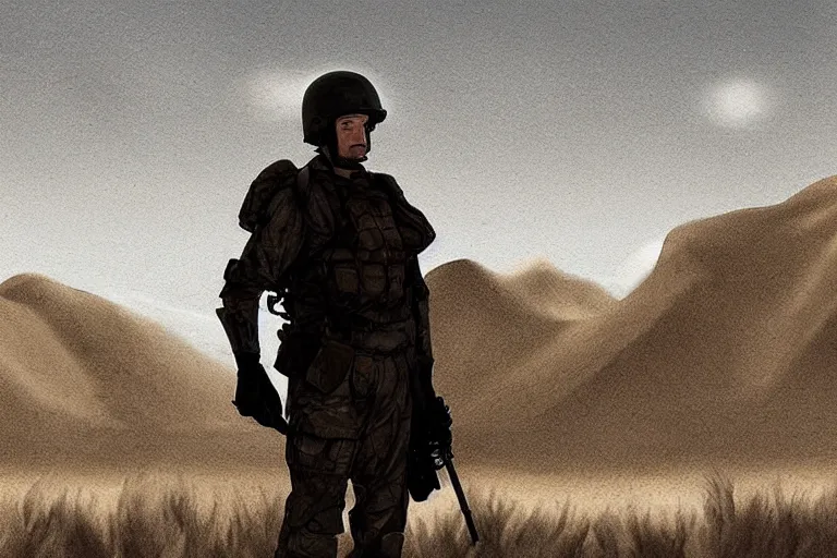 Image similar to sergeant dornan is standing in the desert near a closed hangar, a small ripple in the air from the heat, glare from the sun on metal surfaces, realistic proportions, anime style ghost in armor