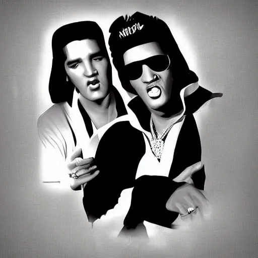 Prompt: elvis presley and snoop dog singing a duet, black velvet, digital art