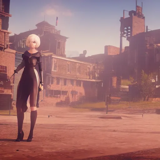 Image similar to Film still of 2B nier automata in a Town from Red Dead Redemption 2 (2018 video game), safe for work, medium full shot, detailed skin and thick thighs, artstation, artstation hq, hd, 4k